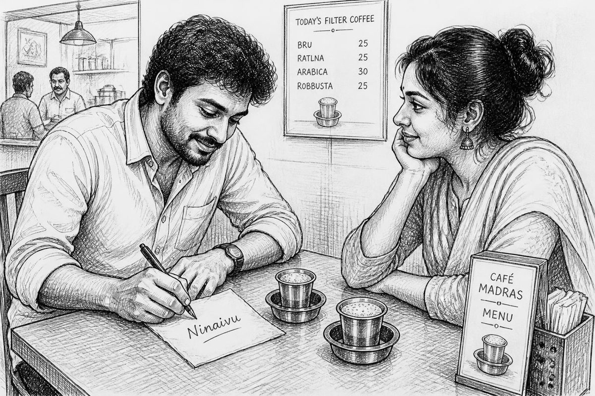 Two friends talking over South Indian filter coffee in steel tumblers and davara