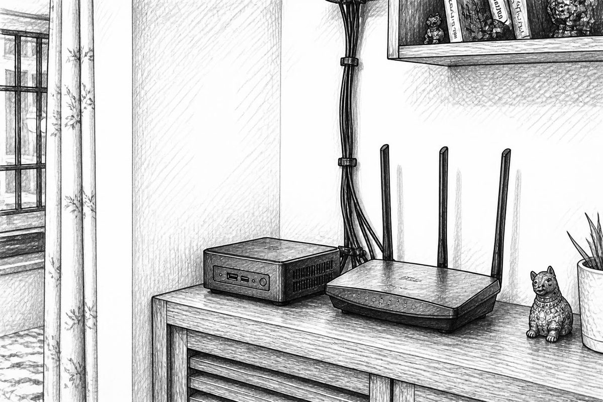 A small mini-PC tucked beside a Wi-Fi router on a shelf in a corner of a flat