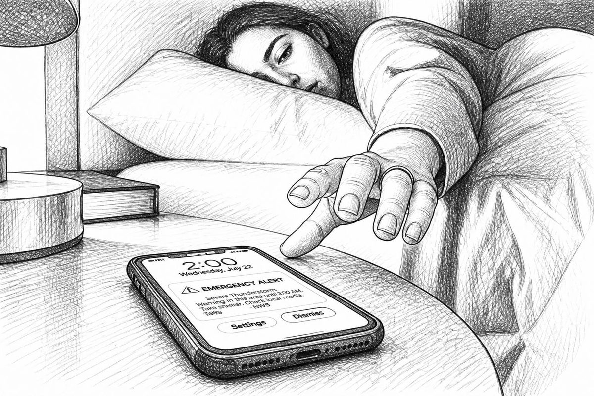 A phone lighting up a dark bedroom at 2 a.m., showing a notification with two action buttons